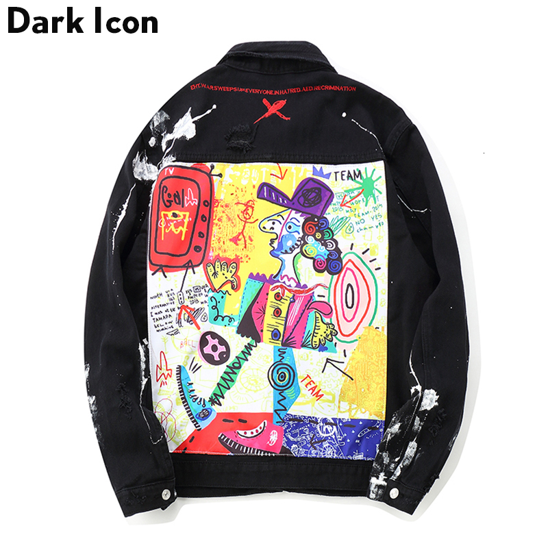 

DARK ICON Graffiti Appliques Hip Hop Jean Jacket Men 2019 Art Gone Mad Turn Down Collar Denim Jackets Men Streetwear Clothes LY191206, Black jacket