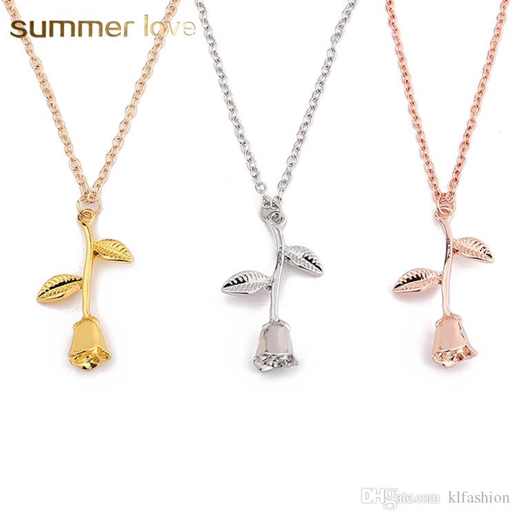 

new romantic rose flower pendant necklace for women sweet silver gold rose gold red color necklace valentines day anniversary jewelry gift