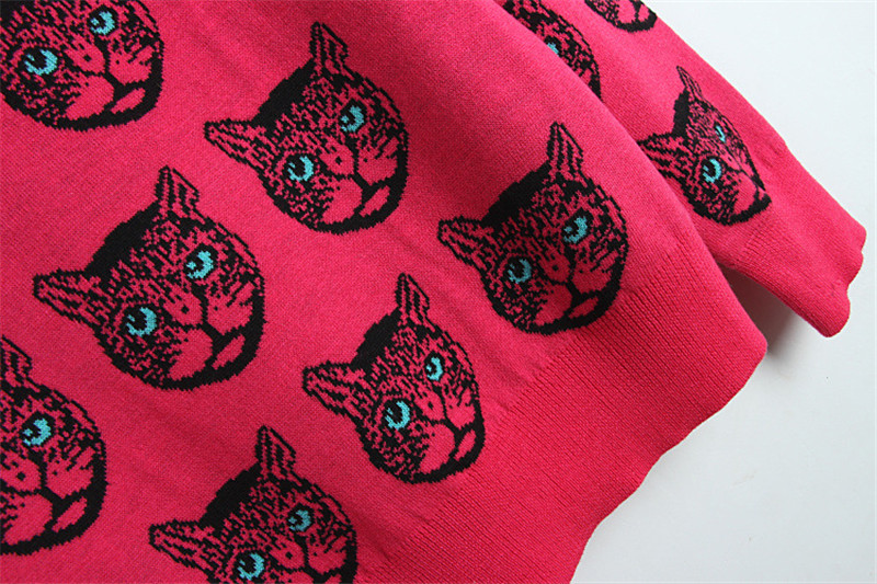 

2019 Autumn Winter Cats Print Women Rose Sweaters and Pullovers Runway Long Sleeve Female Knitted Sweater Jumper Clothes, As pic