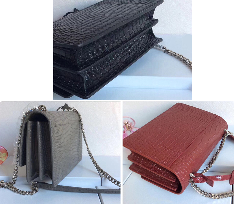 

Crocodile Pattern Handbag Crossbody bag Genuine Leather Handbags Metal Silver chain Women Shoulder Bags 1712, Red