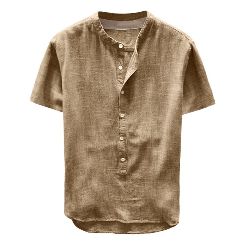 

New Fashion Men Shirt Baggy Cotton Linen Solid Short Sleeve Blouse Summer Button Casual Linen And Cotton Top Blouse -xxxl#g30, Khaki