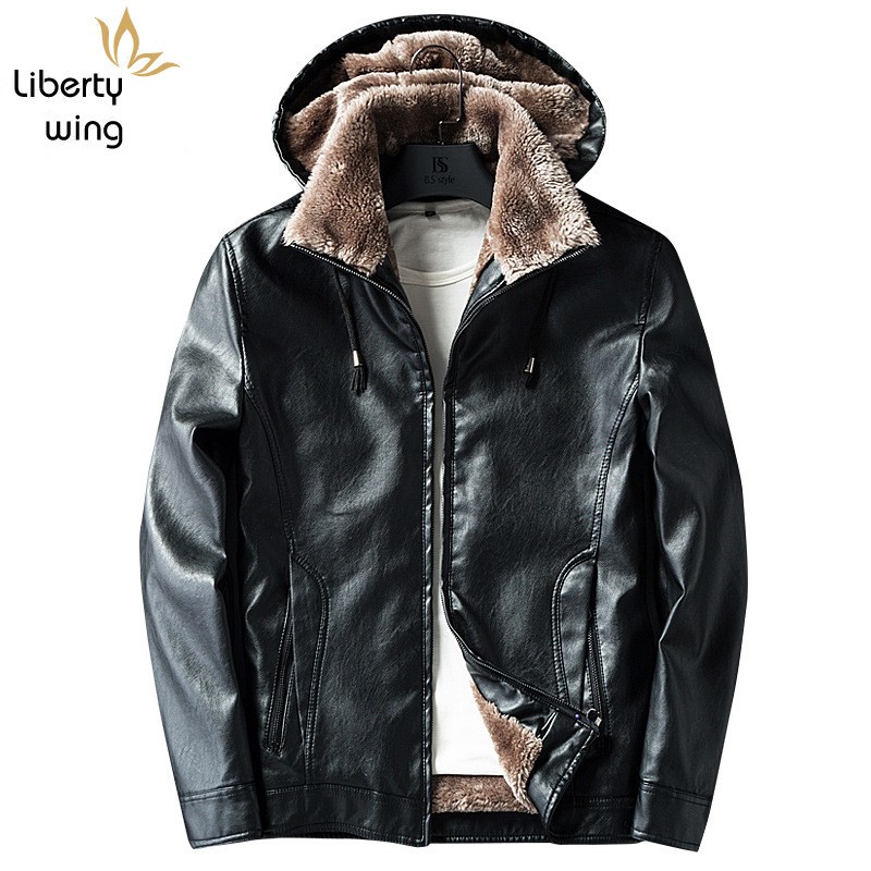 

New PU Leather Fleece Lining Punk Stand Collar Jacket Men Hooded Zipper Male Coats Slim Fit Motorcycle Outwear