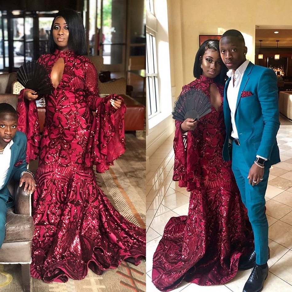 

Red Long Sleeve A Line Prom Dresses Jewel Neck Sequins Appliques Satin Party Gowns Sweep Train Special Occasion Dresses, Black