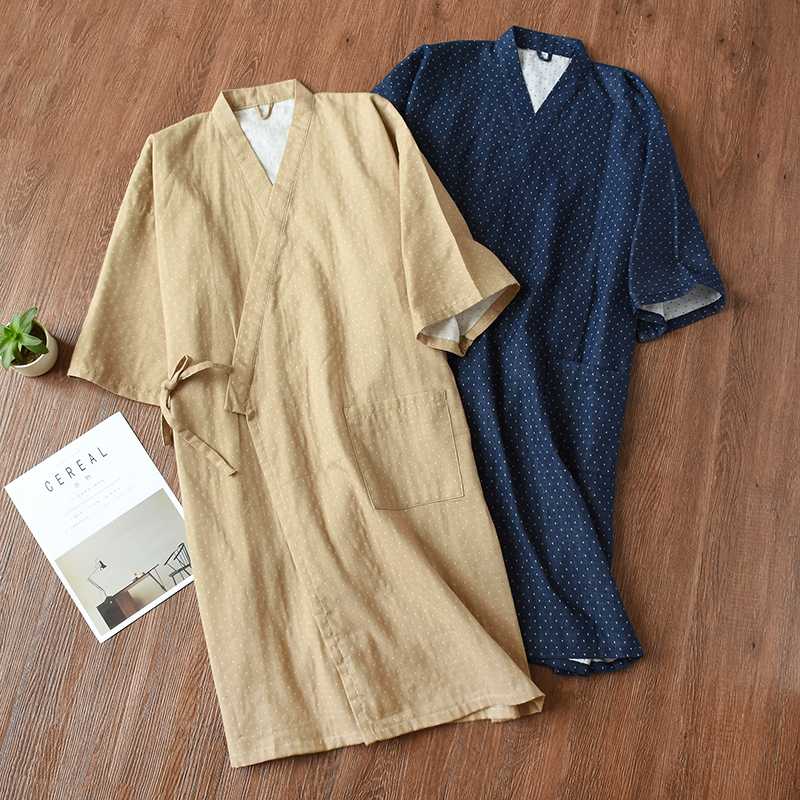 

Men's pajamas kimono robe Woven cotton robe Nightgown, Blue