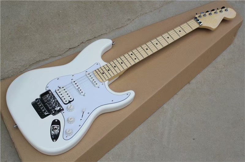 

Tremolo bridge White body Electric Guitar with Black dots inlay,White pickguard,Chrome hardware,SSH pickups,can be customized