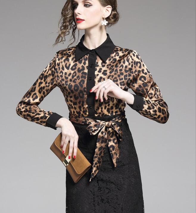 

Leopard top shirts lace women dress A-line street style dresses Fake two pieces knee-length long sleeve, Multi