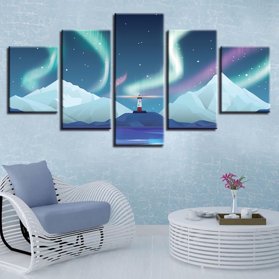 

Wall Art Canvas HD Prints Pictures 5 Pieces Iceland Lighthouse Aurora Scenery Poster Anime Abstract Paintings Home Decor(No Frame)