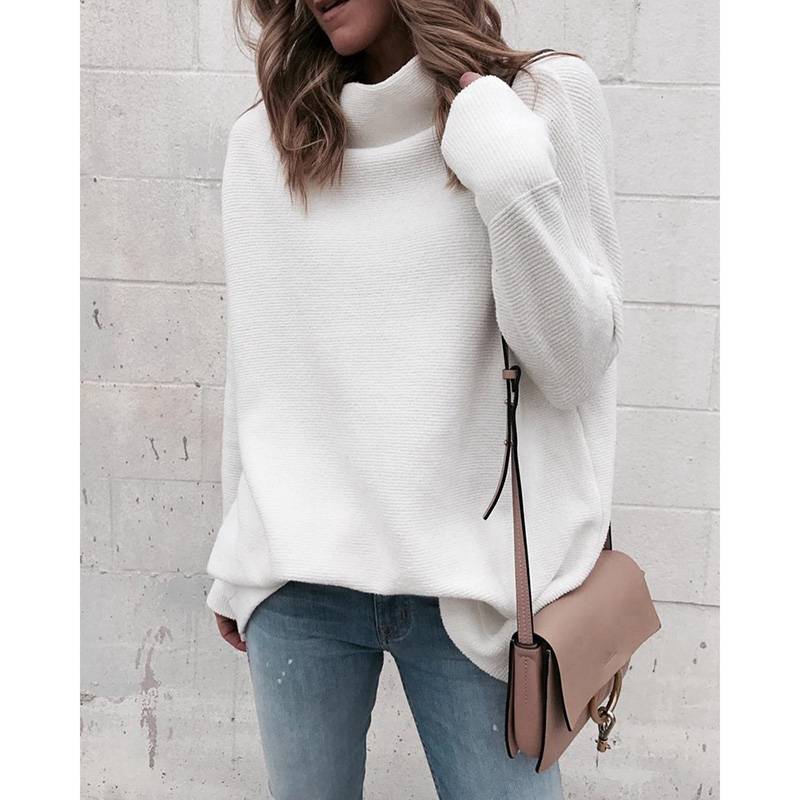 

Women Sweater Casual Loose Turtleneck Knitted Slim Jumpers Autumn New Long Sleeve Pullovers Soft Streetwears pull femmes SJ4067V, White