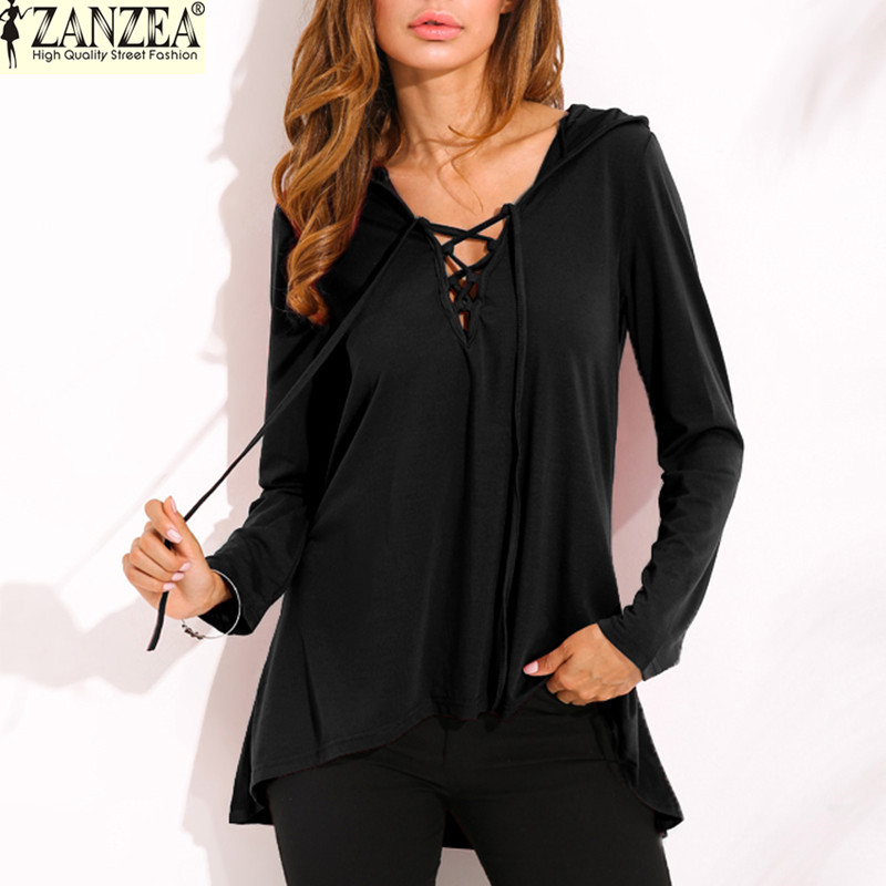 

ZANZEA Women Blouses Shirts 2019 Spring Autumn Casual Loose Long Sleeve Solid Pullovers Tops Hooded Blusas Femininas Plus Size, Black