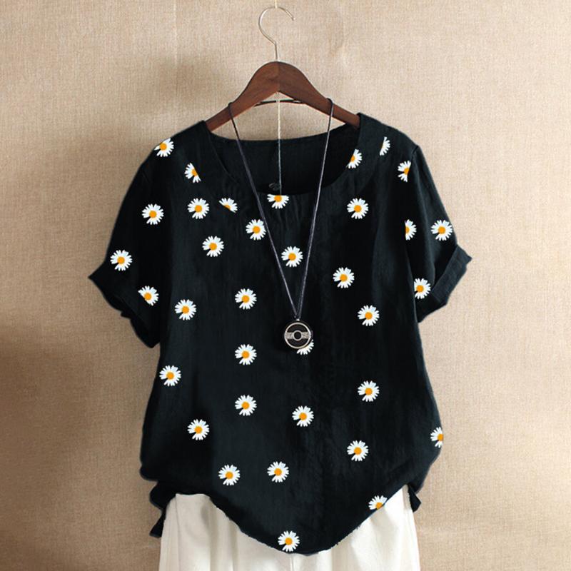 

New 2020 Summer Daisy Print Buttons Blouse Shirts O-neck Cotton Linen Blouses Women Short Sleeve Top Pullover Blusa Feminina