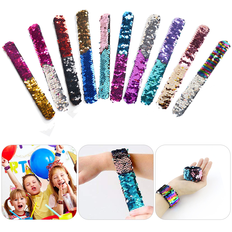 

2pcs/set Slap Waistband Two-tone Clap Ring Snap Sequins Gift Decor Bracelet kids Festival Gift Reversible Sequins women Bangle