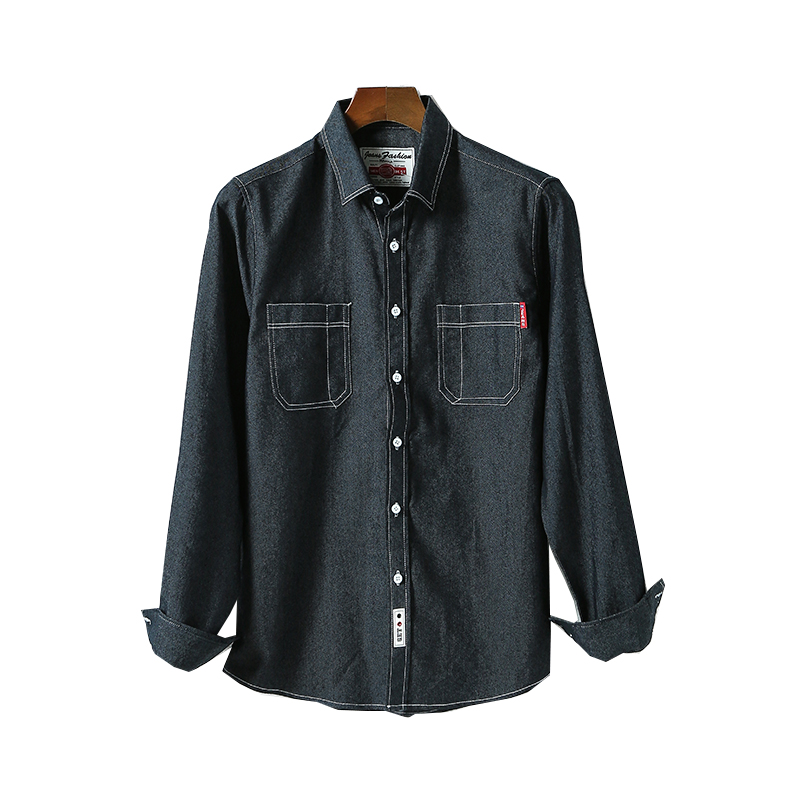 

Fashionable men's denim shirt long-sleeved large size cotton denim cardigan casual slim-fit shirt men's pockets clothes 5XL, Black