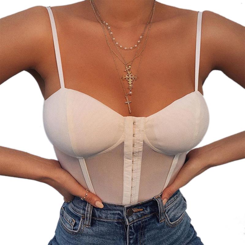 

Women Sexy Backless Mesh Corset Bodysuit Sleeveless Sheer Summer Women Solid Bodysuits 2020 Female Fashion Tops, Black