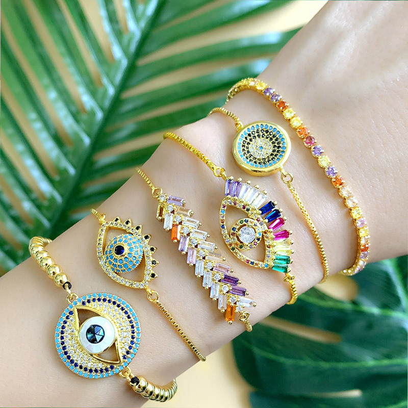 

Abalone shell Evil Eye Bracelet Sets Adjustable Rainbow CZ Zirconia Statement Chain Bracelets for Women Charm Jewelry