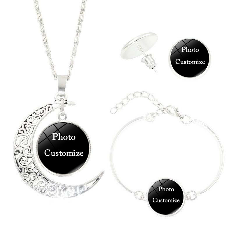

Personalized Custom Made Photo Medallions jewelry Set Glass Cabochon Pendant Moon necklace stud Dangle Earrings Bracelet Bangle Fashion Gift, Silver