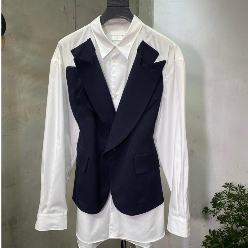 

EWQ] 2020 Spring New Long Sleeve Stitching Double Fake Two-piece Vest Shirt Coats Fashion Trend Ladies Women Blouse Tops, As picture