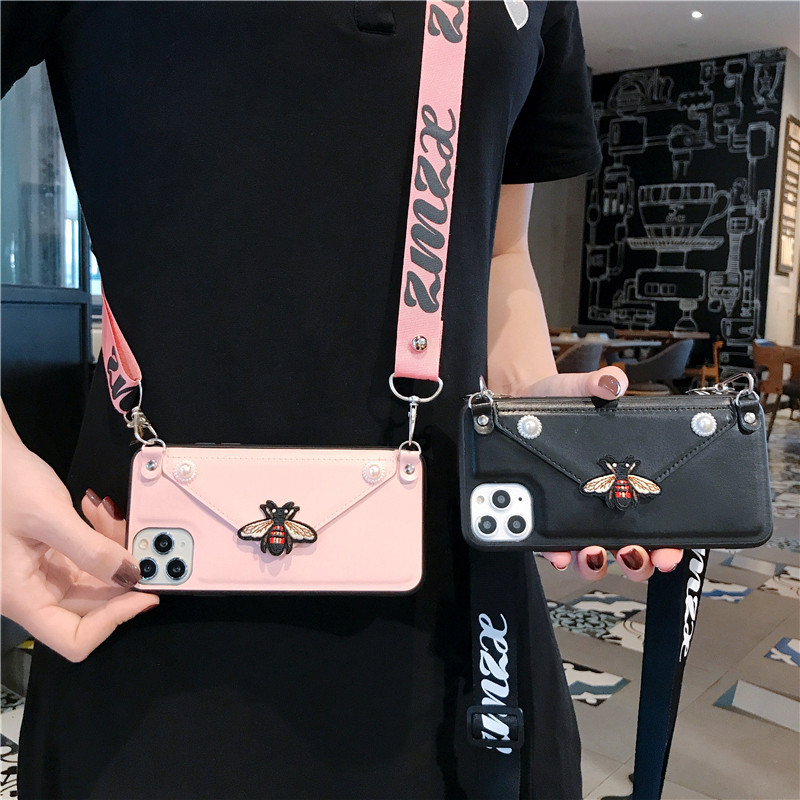 

Luxury Designer Phone cases For iPhone 14 13 12 11 Pro XS Max XR 7 8 Plus bee wallet lanyard Crossbody Leather Card Slot With Shoulder Strap Cover