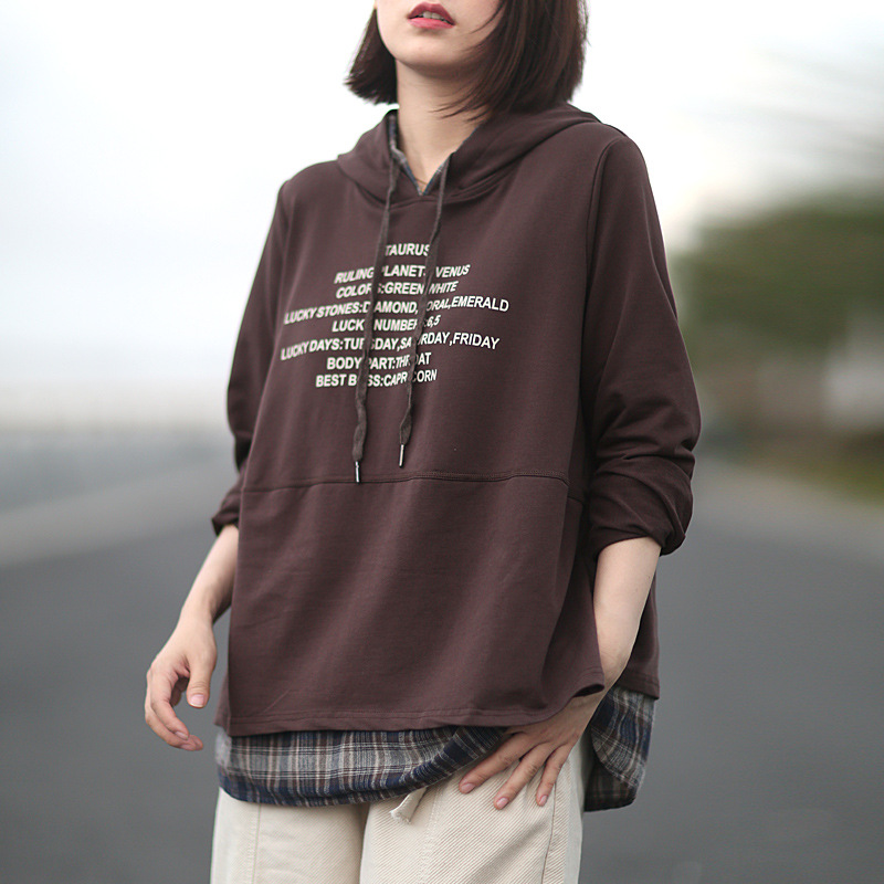 

Fairy Natural 2020 Drawstring Fake Two Pieces Hoodies Women Vintage Spring Autumn Letter Print Hooded Loose Casual Female Tops, Picture