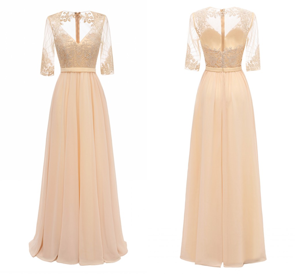 Nouvelle mère de la mariée robes élégantes classiques de charme V cou appliques en dentelle demi-manches de mousseline de mousseline de mousselin