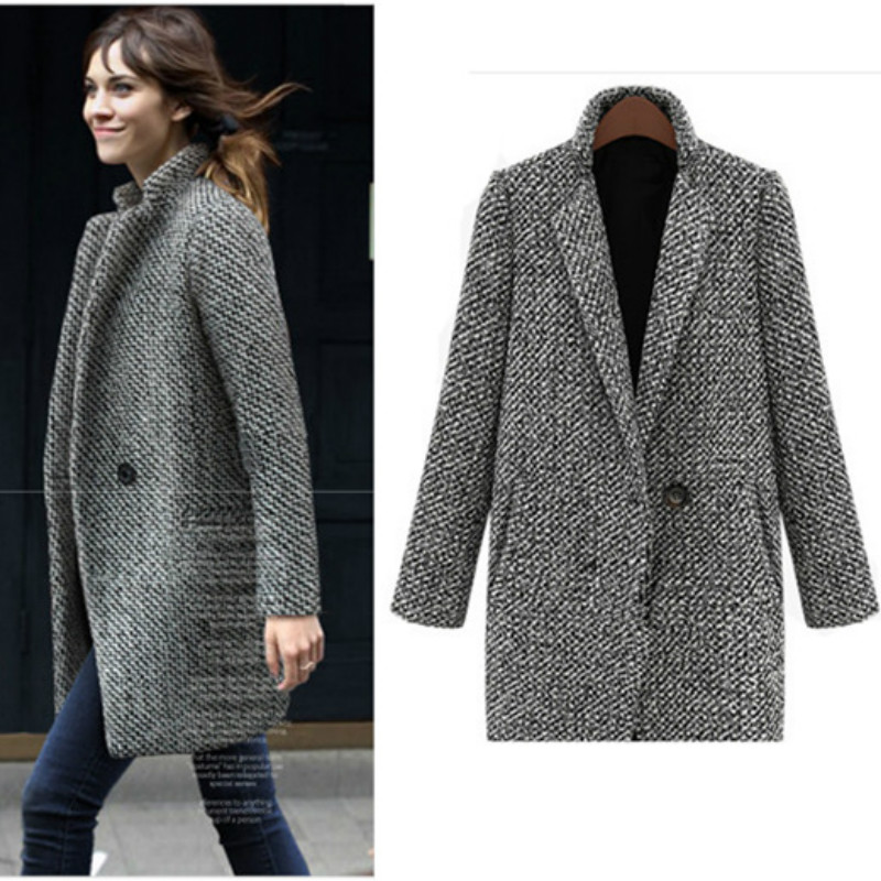 

2020 New Fashion Houndstooth Wool Women Basic Coats Medium-Long Women's Winter Jacket Women Woolen Outerwear Casaco Feminino, Gray