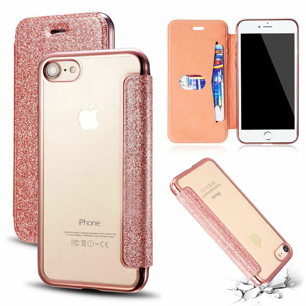 

Luxury Stitched PU Leather Clear Back Chrome Edge Flip Wallet Card Stand Shockproof Phone Case Cover For Apple iPhone 6 7 8 Plus X XR XS MAX, Sparkle gold
