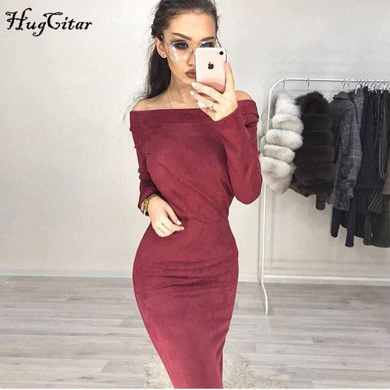 

Suede Long Sleeve off shoulder Women Mid-calf Dress Female Sexy Bodycon Party Dresses For Free Shipping, Green