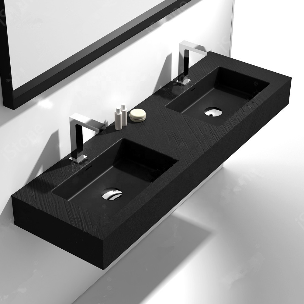 1500mm Bathroom Rectangular Solid Surface Resin Wall Hung Sink Fashionable Cloakroom Corian Black Lavabo Wash Basin RS38562-image-488691666