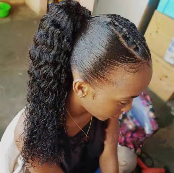 

Long wave ponytail hairpiece for black girl quality human hair drawstring pontail easy wearing pony tail natural 1b 120g