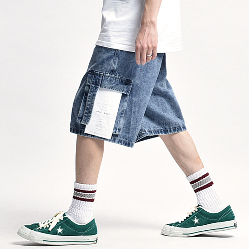 

Patchwork Multi-Pocket Denim Shorts Men Streetwear Baggy Wide-Leg Short Jeans Men's Elastic Waist Knee-length Pants, Blue