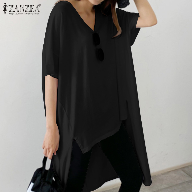 

Blusas Top 2020 ZANZEA Summer Solid High Low Blouse Women V Neck Shirts Vestidos Fashion Short Sleeve Tunic Tops Female Chemise, Black
