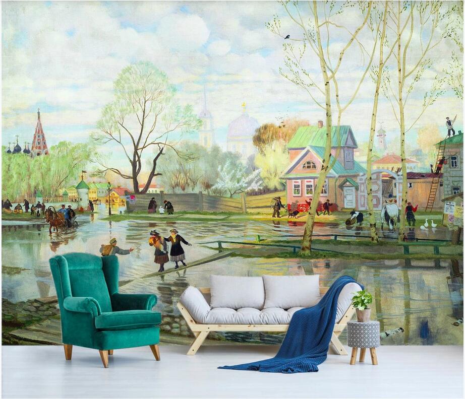 

Custom wall stickes photo Oil painting country figures walking on the TV background wall decorative homedecor murals wallpaper for walls 3 d, Non-woven wallpaper