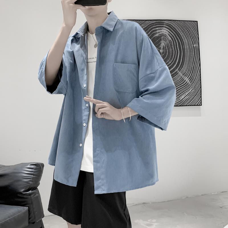 

Scrub Texture Shirt Solid Korean Style Sexless Streetwear Mens Shirts, Black