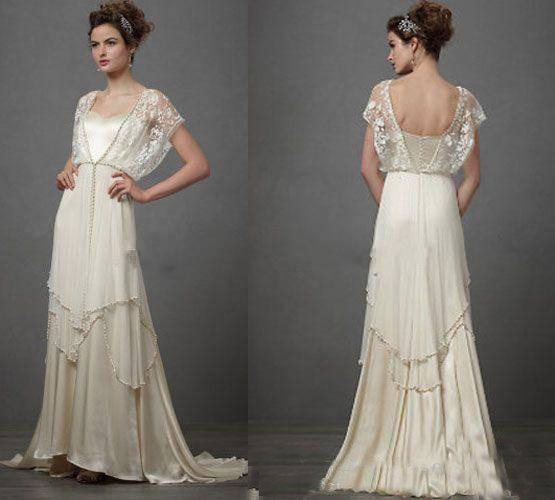 

Vintage Ivory 1920s Wedding Dresses with Sleeves Catherine Deane Lita Modest Fairy Lace Chiffon V-neck Full Length 2019 Bridal Gowns, Chocolate