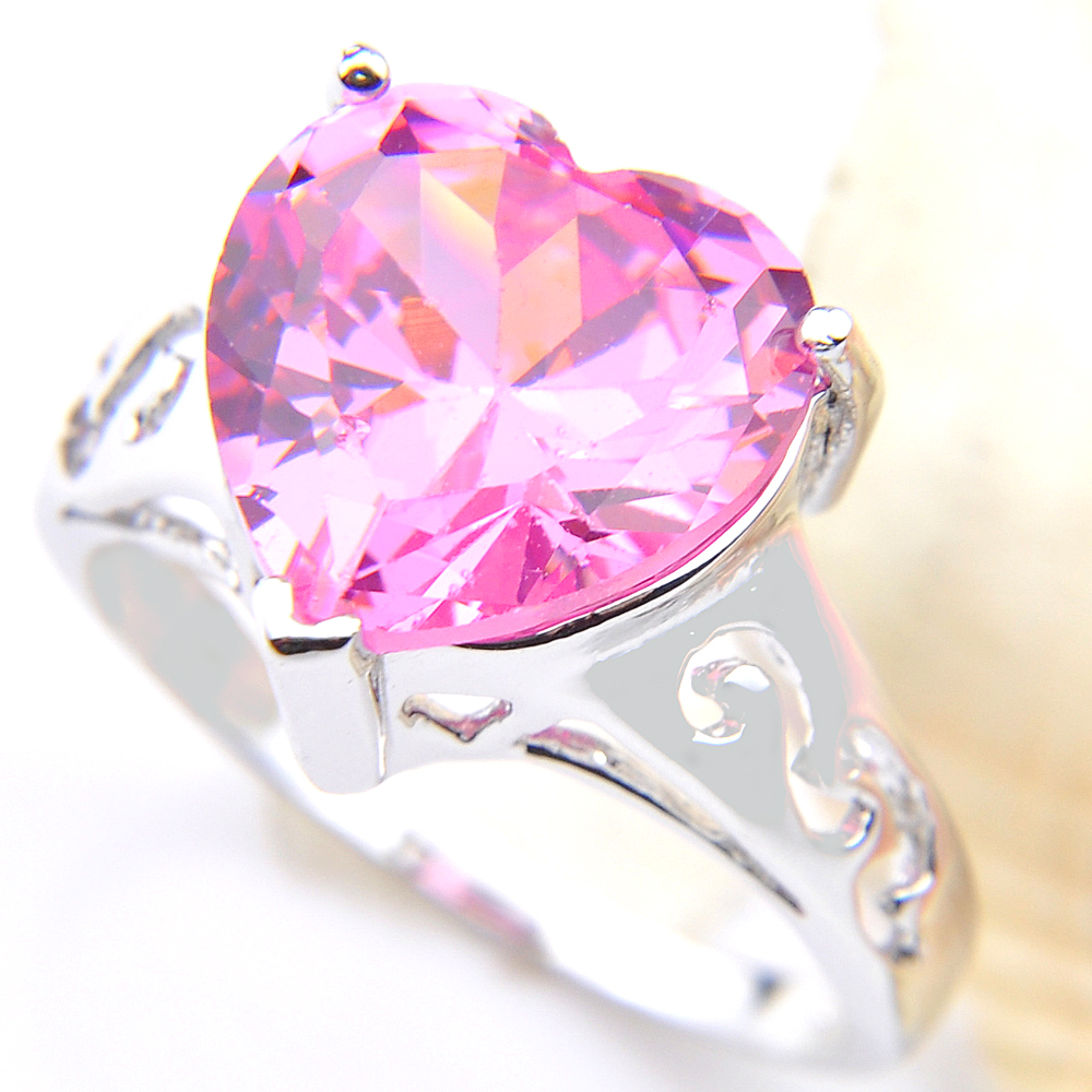 

10 Pcs/Lot Luckyshine Women Pink Kunzite Topaz Gems 925 Silver Heart Cubic Zirconia Ring Bijoux Party Wedding Rings Size 7 8 9