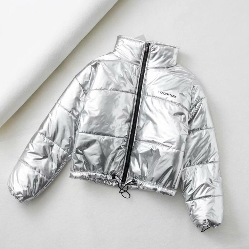 

2020 New Fashion Women Winter Warm PU Parkas Faux Leather Coats Lady Elegant Zipper Cotton Silver Black Padded Puffer Jackets, Bn793 silver