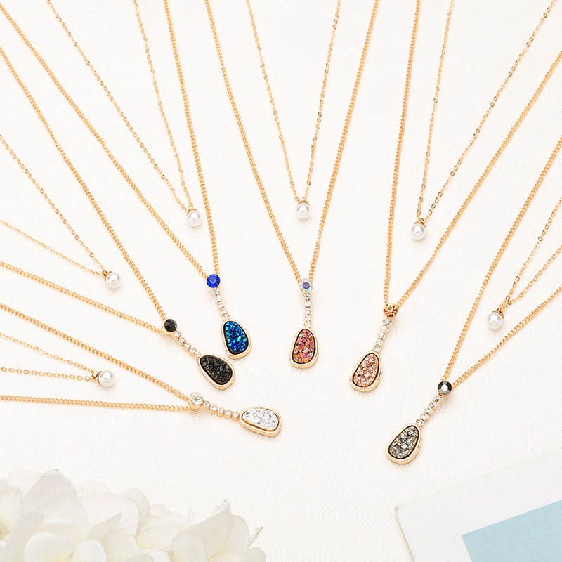 Wonderful Design Real Gold Plated Double Chain Necklace Handmade Colorful Natural Stone Charm Necklace with Rhinestone-image-440422131