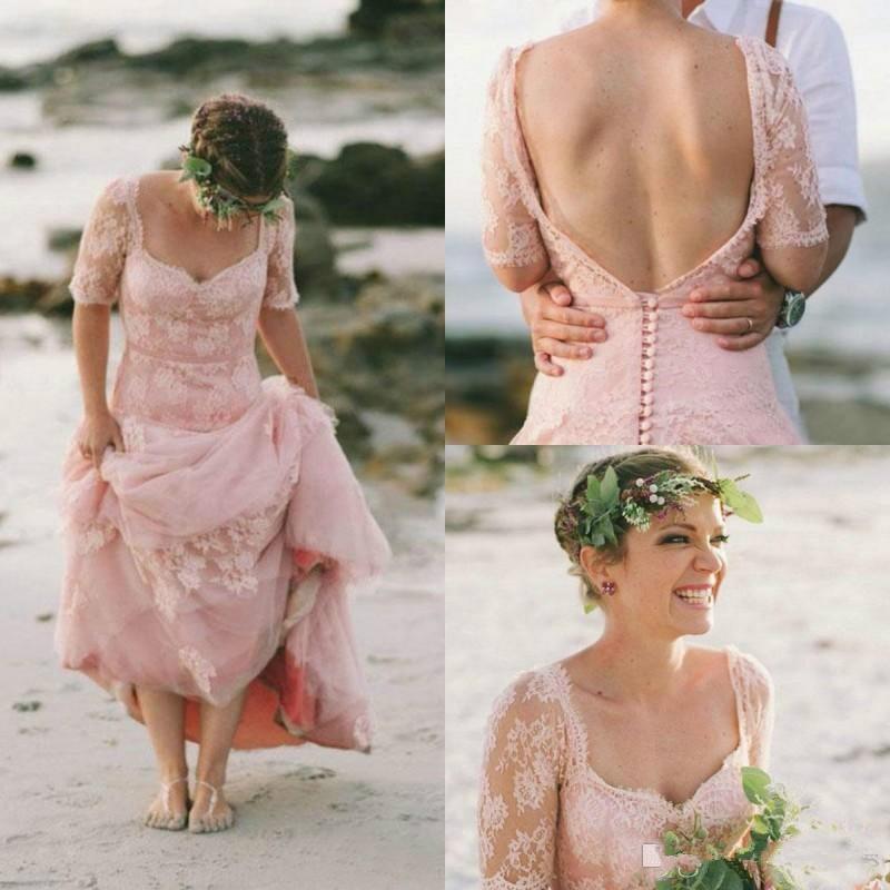 Setwell Sweetheart A-line Pink Wedding Dresses Half Sleeves Sexy Backless Lace Appliques Floor Length Beach Bridal Gowns