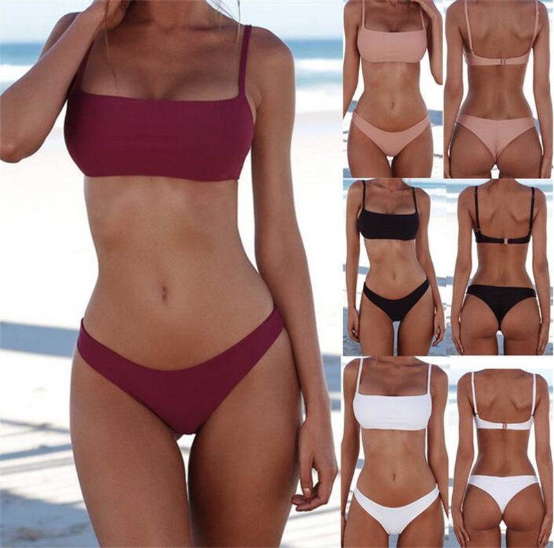 fashion-2020 New Summer Women Solid Bikini Set Push-up Unpadded Bra Swimsuit Swimwear Triangle Bather Suit Swimming Suit biquini-image-536244303
