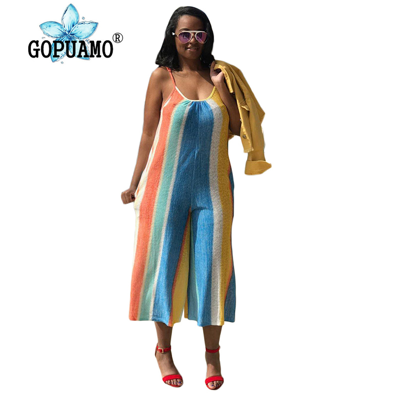 

Rainbow Striped Rompers Womens Jumpsuit Spaghetti Strap Sleeveless Wide Leg Overalls Casual O Neck Backless One Piece Bodysuits, Multi