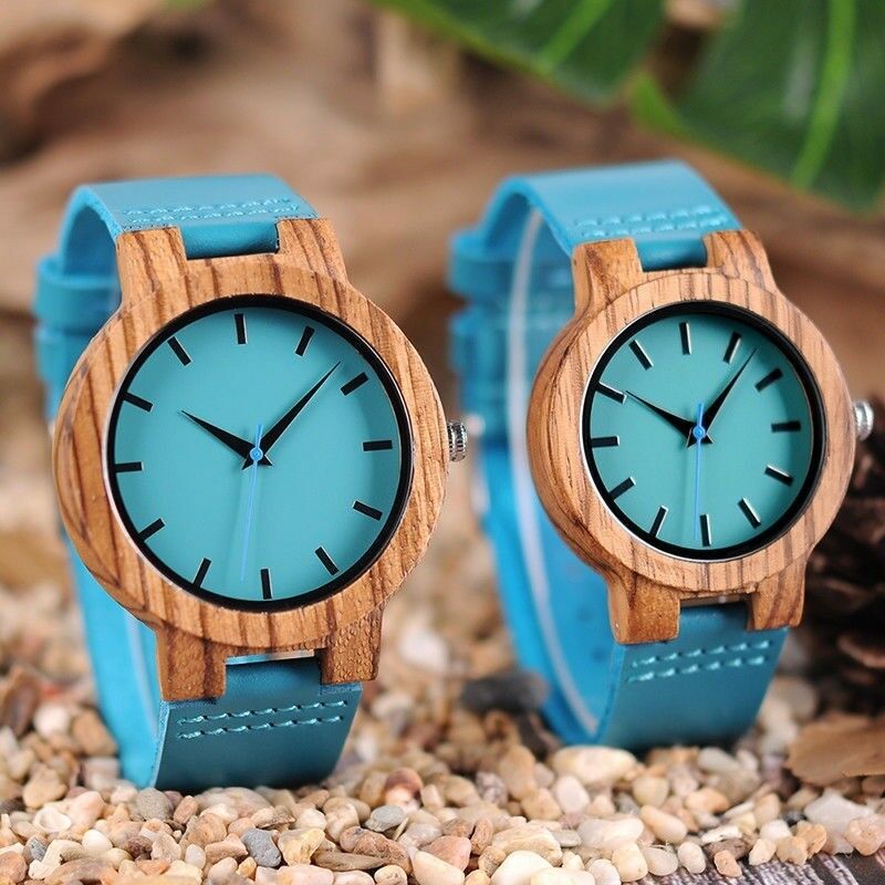 

Luxury Royal Blue Wood Watch Top Quartz Wristwatch 100% Natural Bamboo Clock Casual Leather Band Valentine's Day Gifts for Men Women