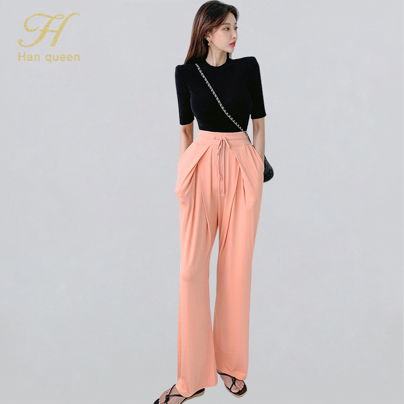 

H Han Queen New 2-piece Suits Women 2020 Summer Elegant O-neck Crop Top & High Waist Long Pants Elegant Simple Work Casual Set, Photo color