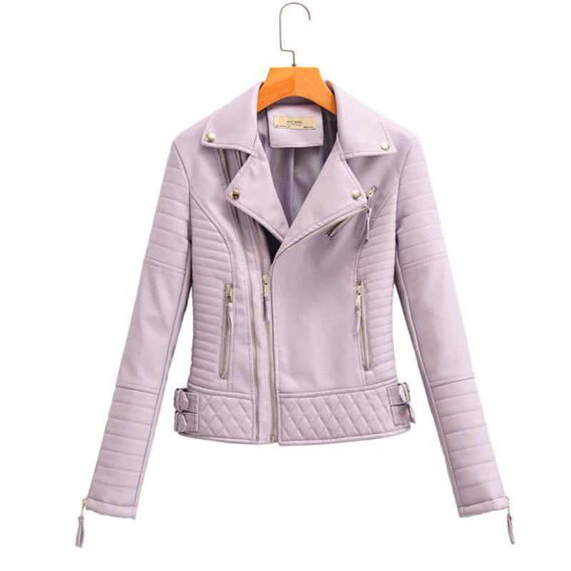 

2020 New Fashion Women Soft Faux Leathers PU Jackets and Coats Lady Motorcyle Zippers Black Blue Spliced Street Outerwear, Lavender