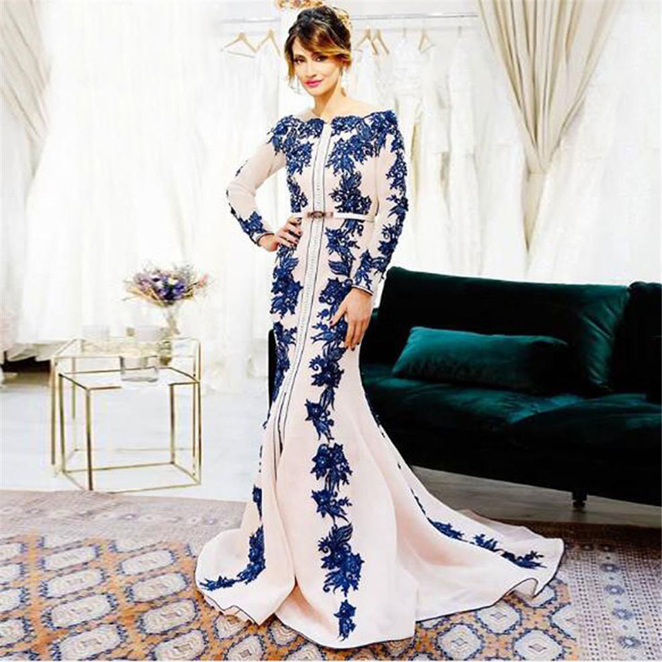 

Arabic Dubai Blue Appliques Muslim Evening Dresses Elegant Long Sleeves Formal Dresses Plus Size Prom Dress Party Gowns robes de soirée, Daffodil