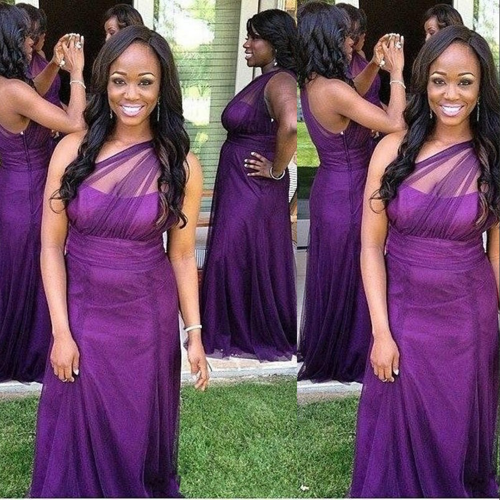 Arabic Cheap Sexy Purple Bridesmaid Dresses One Shoulder Illusion Tulle Long For Weddings Floor Length Plus Size Formal Maid of Honor Gowns