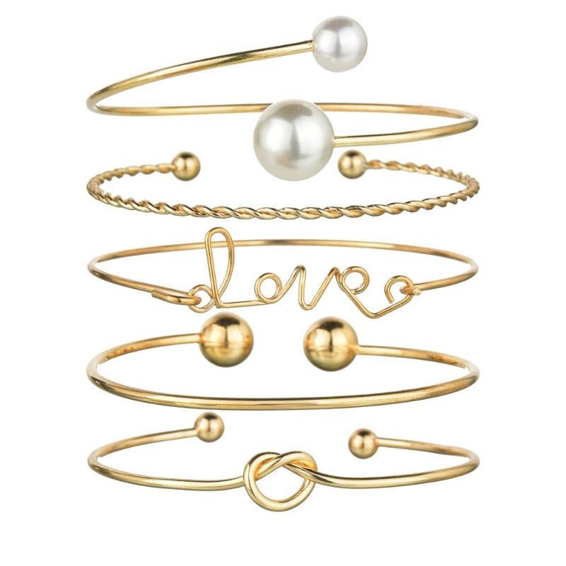 

Simple pearl love women bracelet set 5pcs open adjustable letter cuff bracelets best gift for girlfriend jewelry