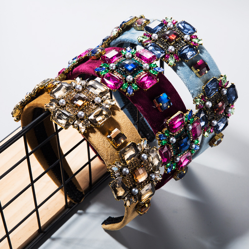 

Hair accessories Super Flash glass rhinestone flower gold velvet hair band widened Baroque headband