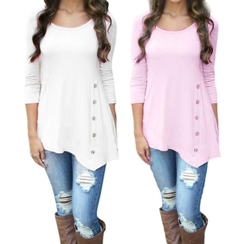 

New Tshirt Women Long Sleeve Loose Button Shirt Female Trim Solid Color Round Neck Irregular Tunic Top Autumn Spring Cotton Top, Pink