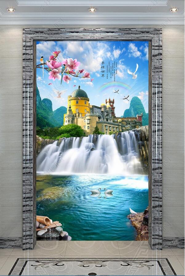 

3d wallpaper custom photo Dreamland World Dream Castle Waterfall Beautiful Landscape Painting Entrance Wall muals wall paper for walls 3 d, Sky blue