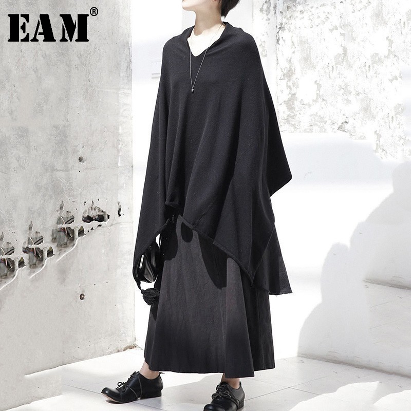 

EAM] Black Irreuglar Big Size Knitting Sweater Loose Fit Round Neck Long Sleeve Women Pullovers New Fashion Spring 2020 JI089