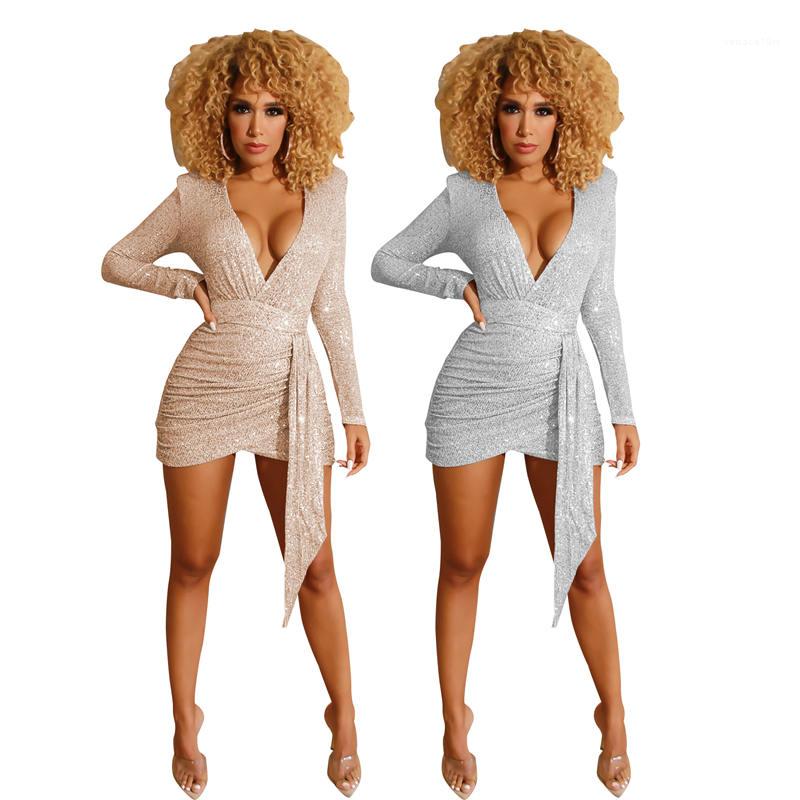 

Color Womens Desginer Clothing Sequins Womens Sexy Party Dresses Deep V Neck Column Summer Bodycon Dresses Solid